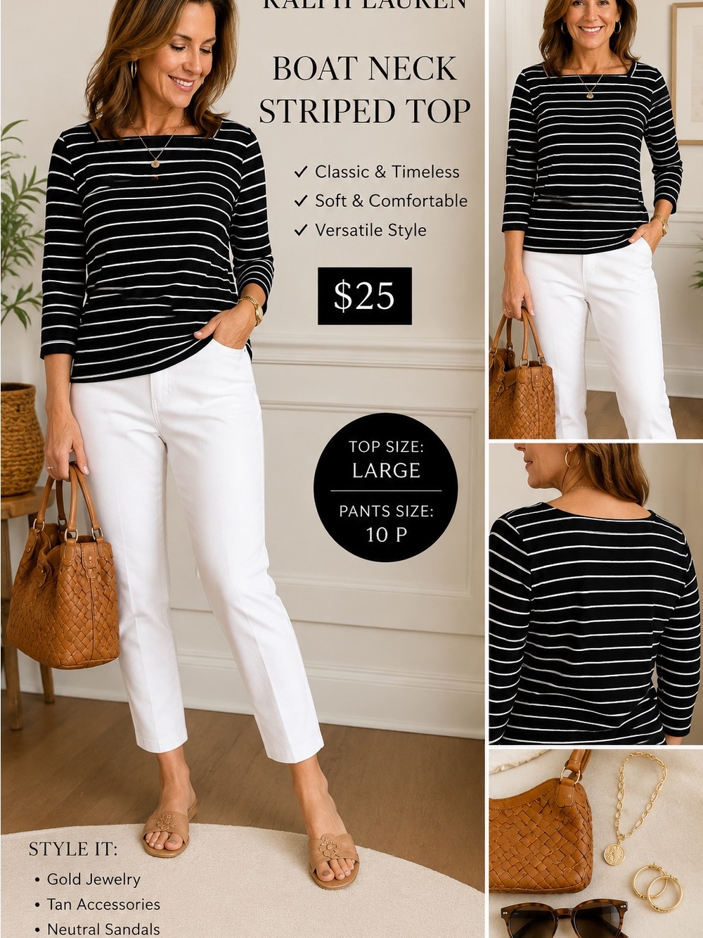Ralph Lauren Black & White Striped Boat Neck Top